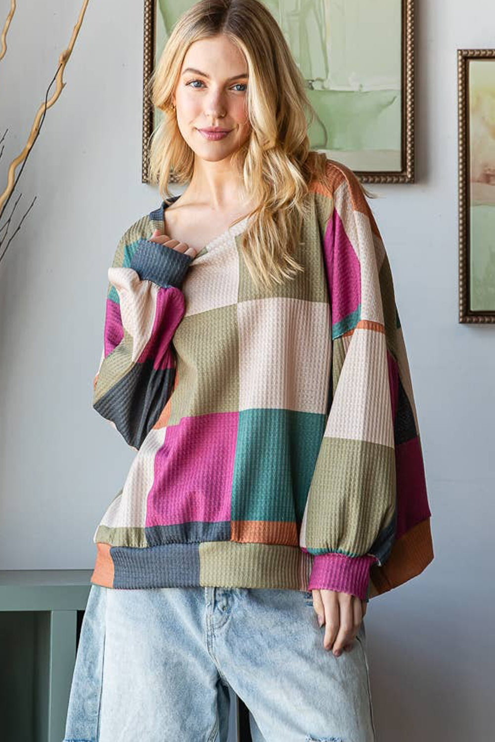 Haut ample à manches longues en maille texturée à carreaux verts