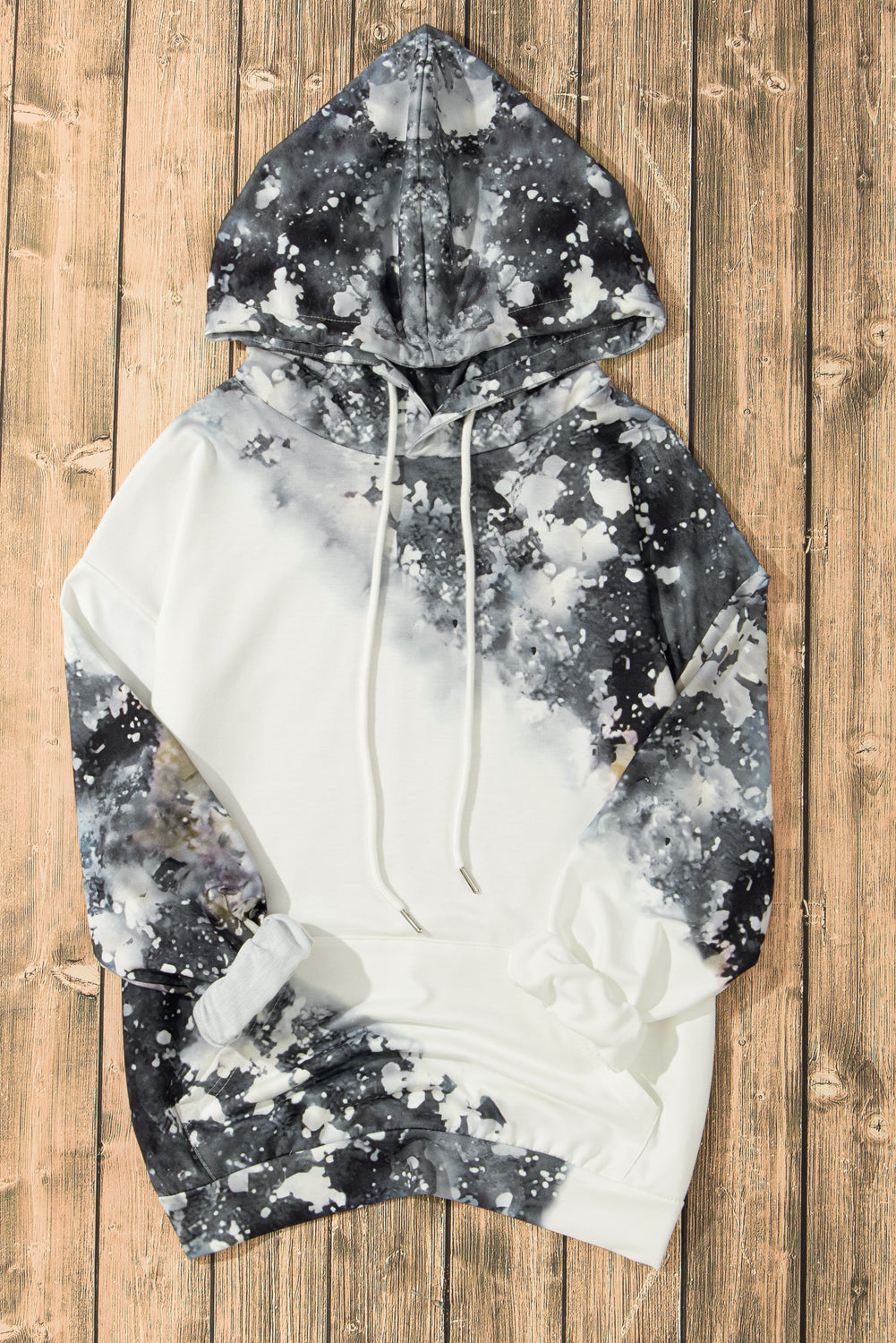 Gray Bleached Tie Dye Kangaroo Pocket Drawstring Hoodie