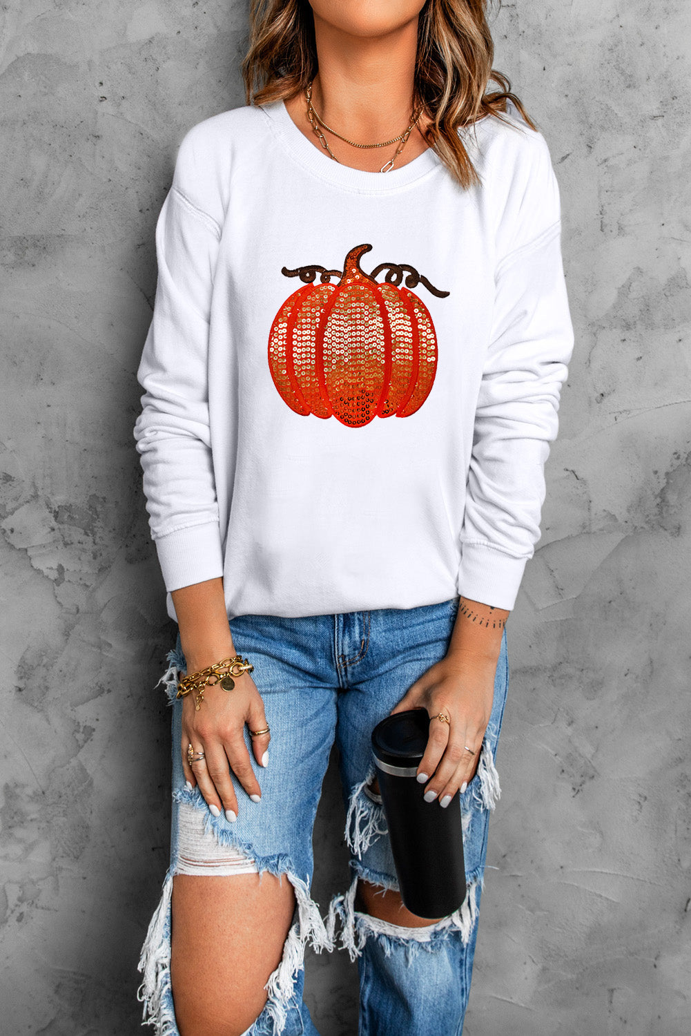 White Sequin Pumpkin Patched Casual Pullover Graphic Sweatshirt