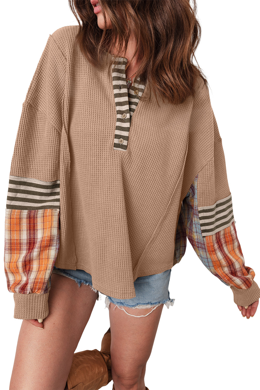 Straw Yellow Waffle Stripe Plaid Patchwork Henley Top