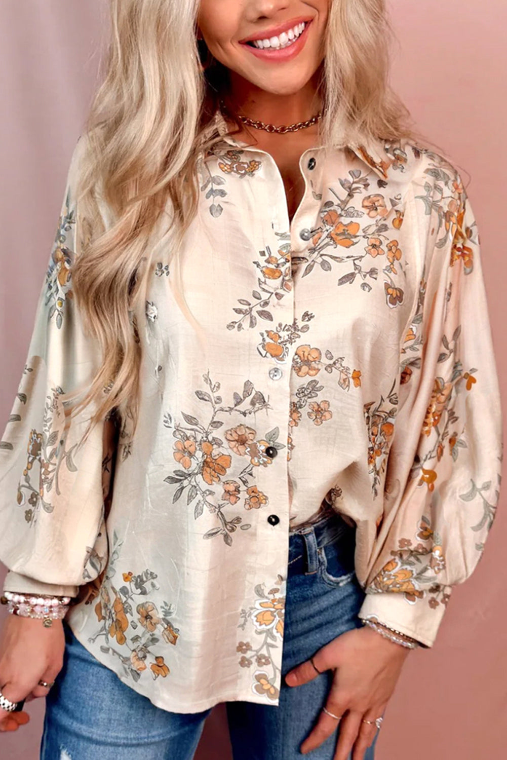 Apricot Floral Print Button-Up Bubble Sleeve Shirt
