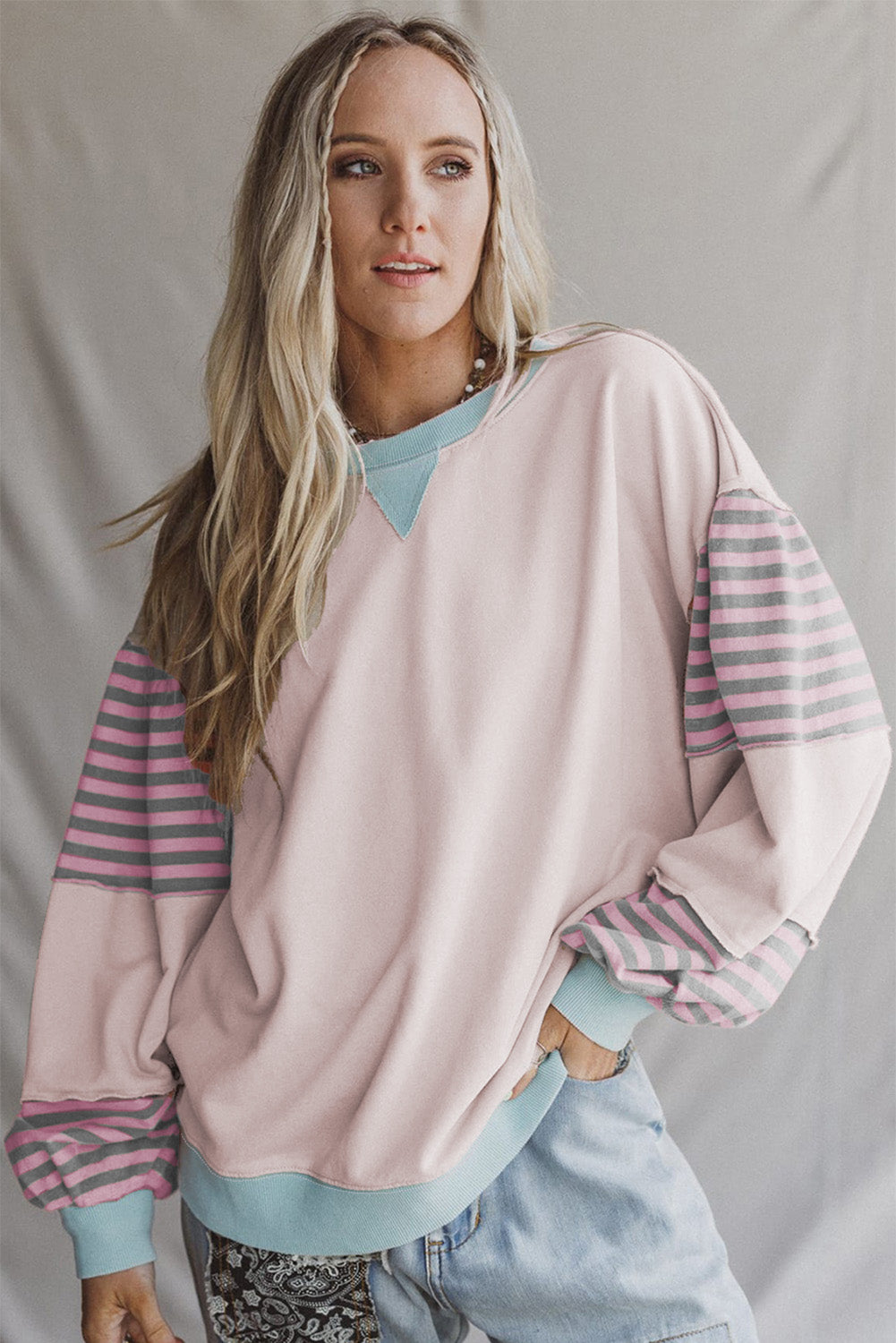 Delicacy Colorblock Patchwork Striped Sleeve Sweatshirt