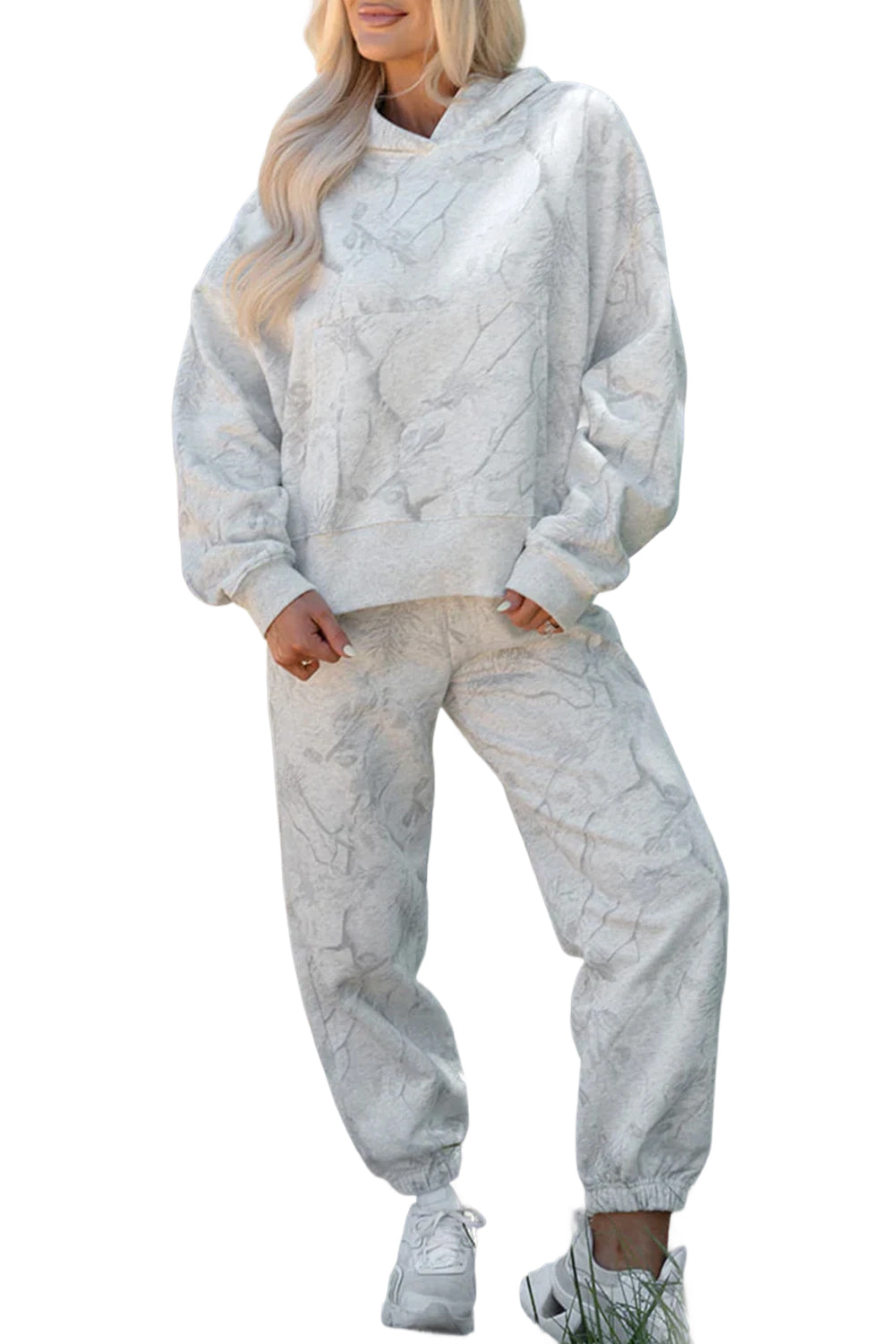 Light Grey Abstract Print Loose Drop Sleeve Hoodie and Pants Set