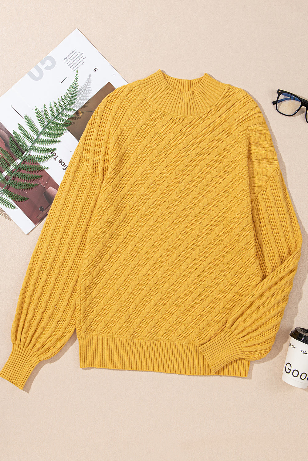 Ginger Solid Color Textured Knit High Neck Drop Shoulder Sweater