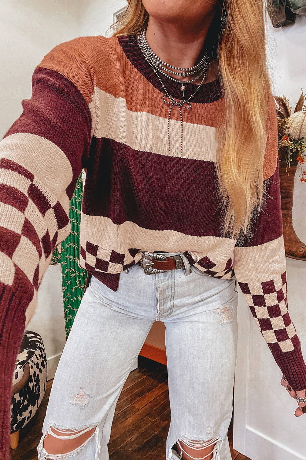 Brown Checkered Colorblock Knitted Drop Shoulder Sweater