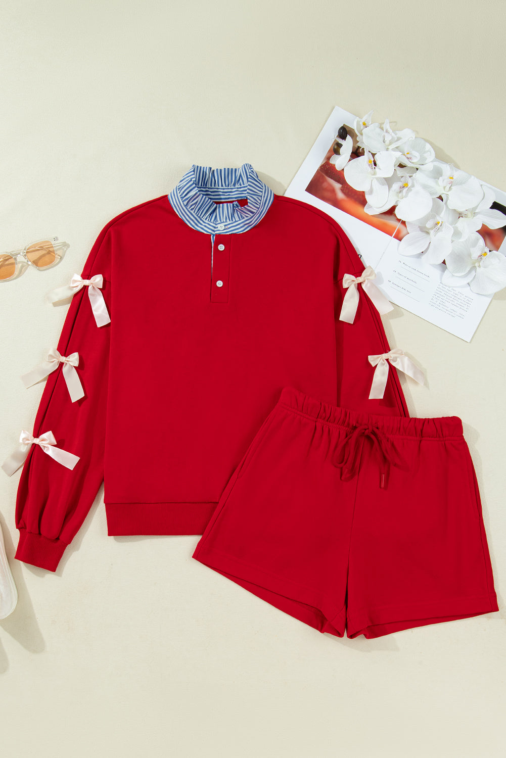 Racing Red Striped Collar Knot Sleeve Sweatshirt and Shorts Set