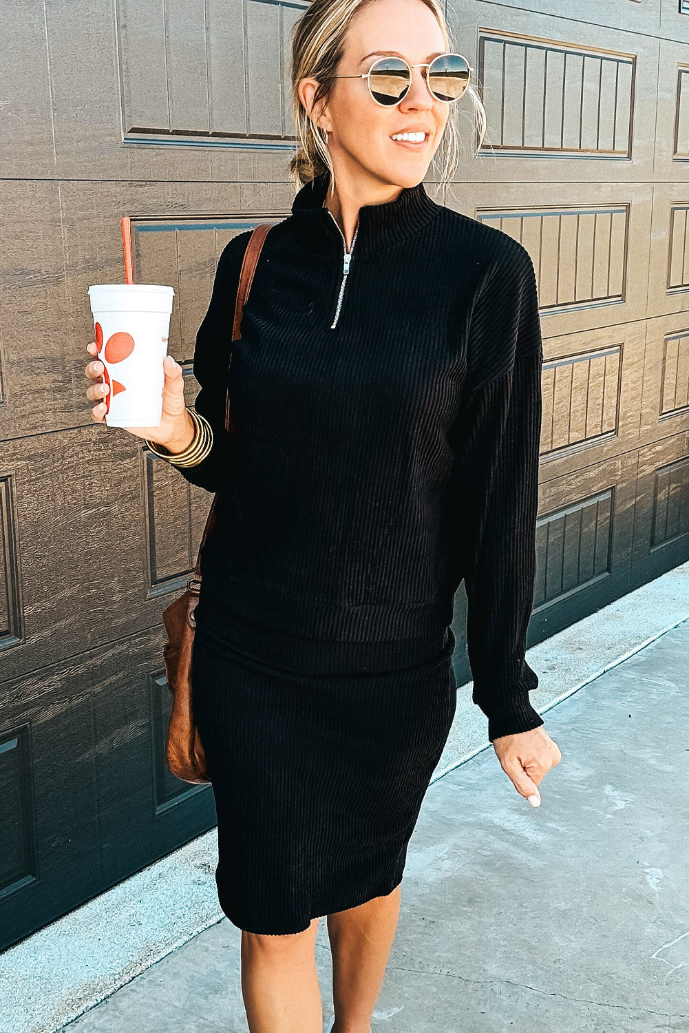 Black Ribbed Zip Neck Drop Shoulder Pullover Bodycon Skirt Set