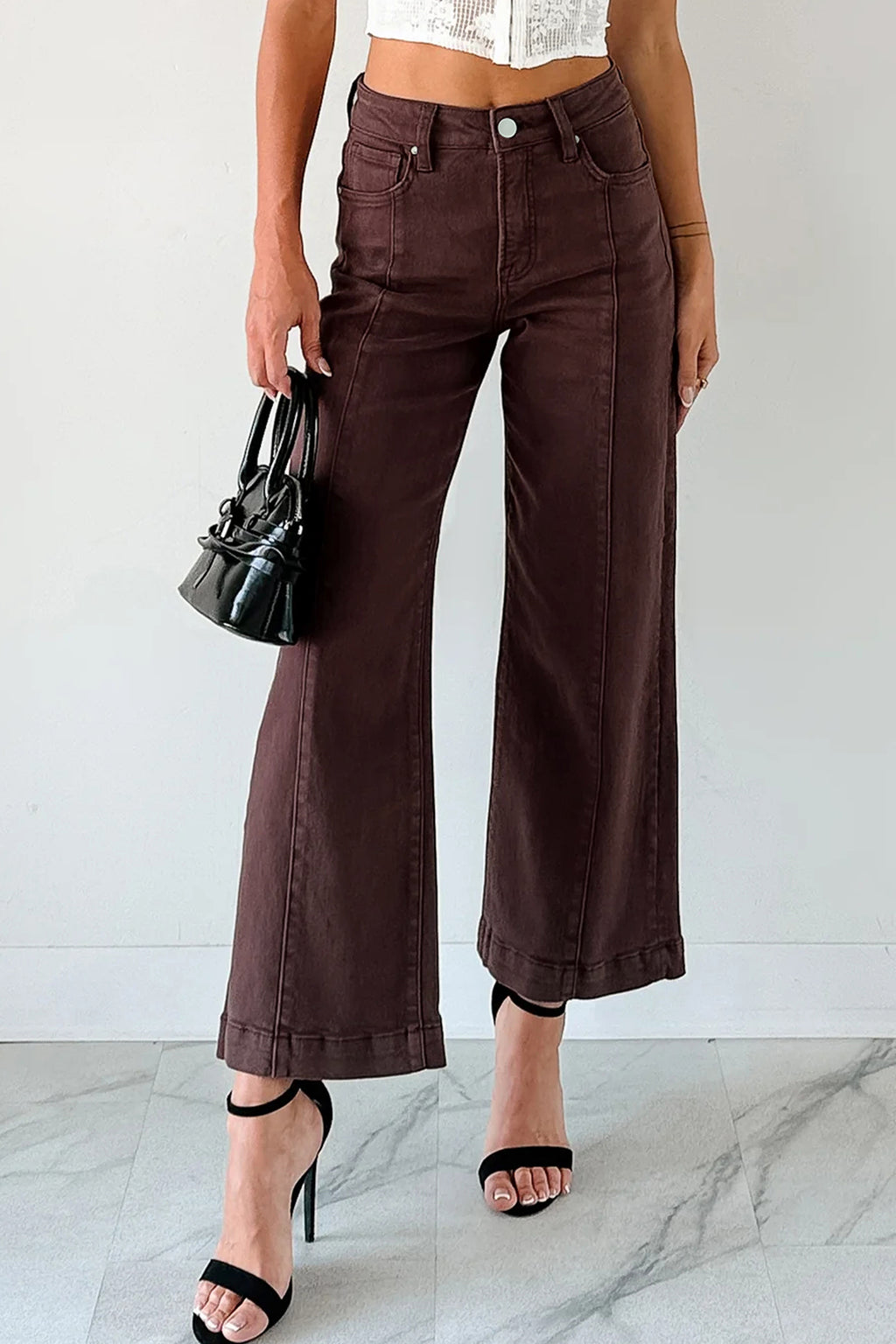Red Sandalwood Solid Color Seamed Center Wide Leg Cropped Jeans