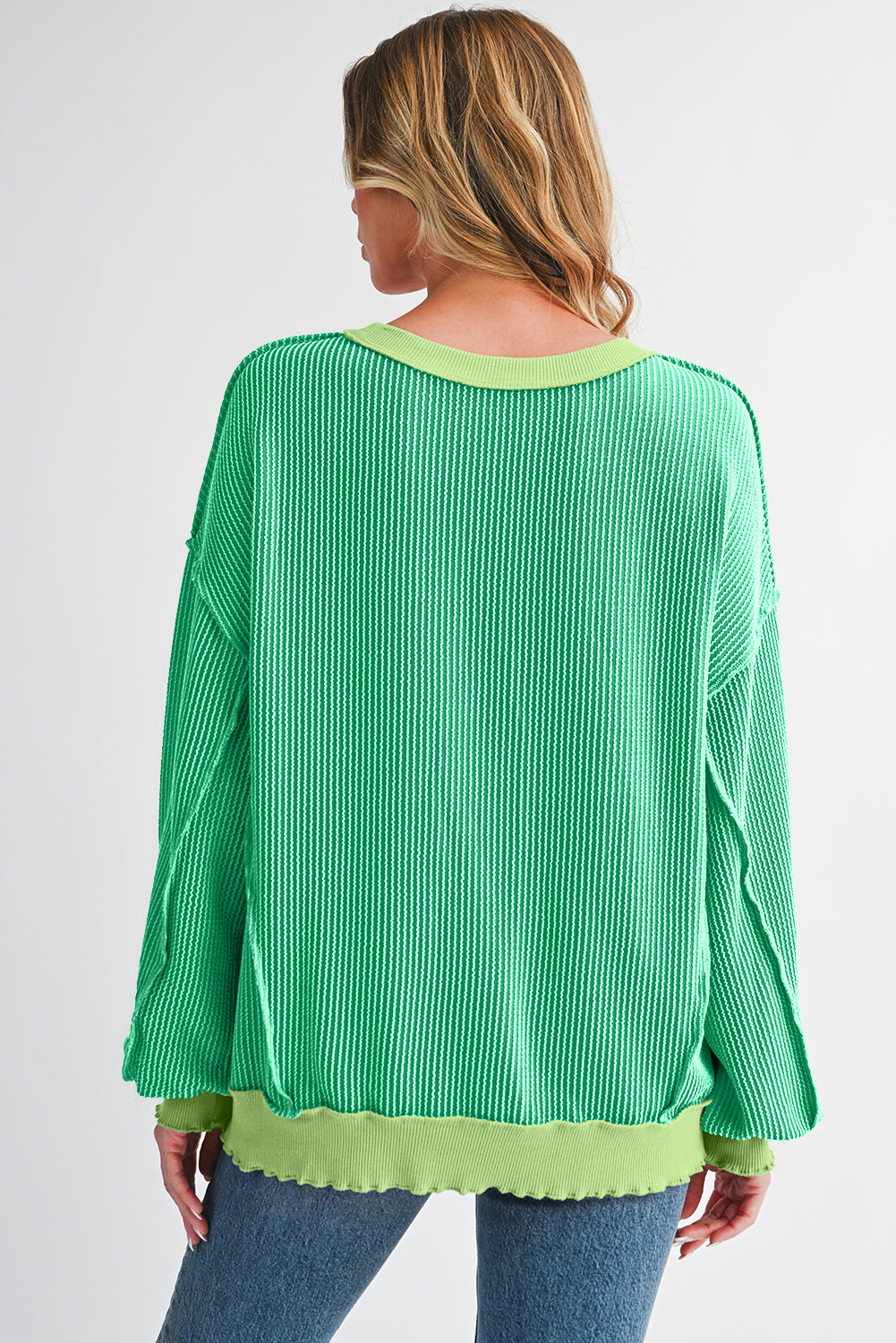 Bright Green Twisted Ribbed Seamed Patchwork Long Sleeve Top