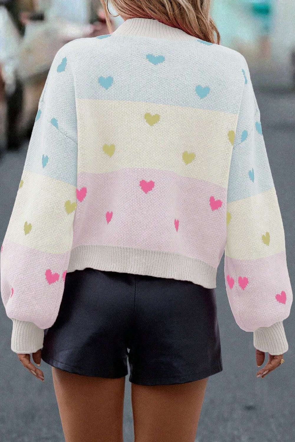 Multicolor Heart Pattern Colorblock High Neck Sweater