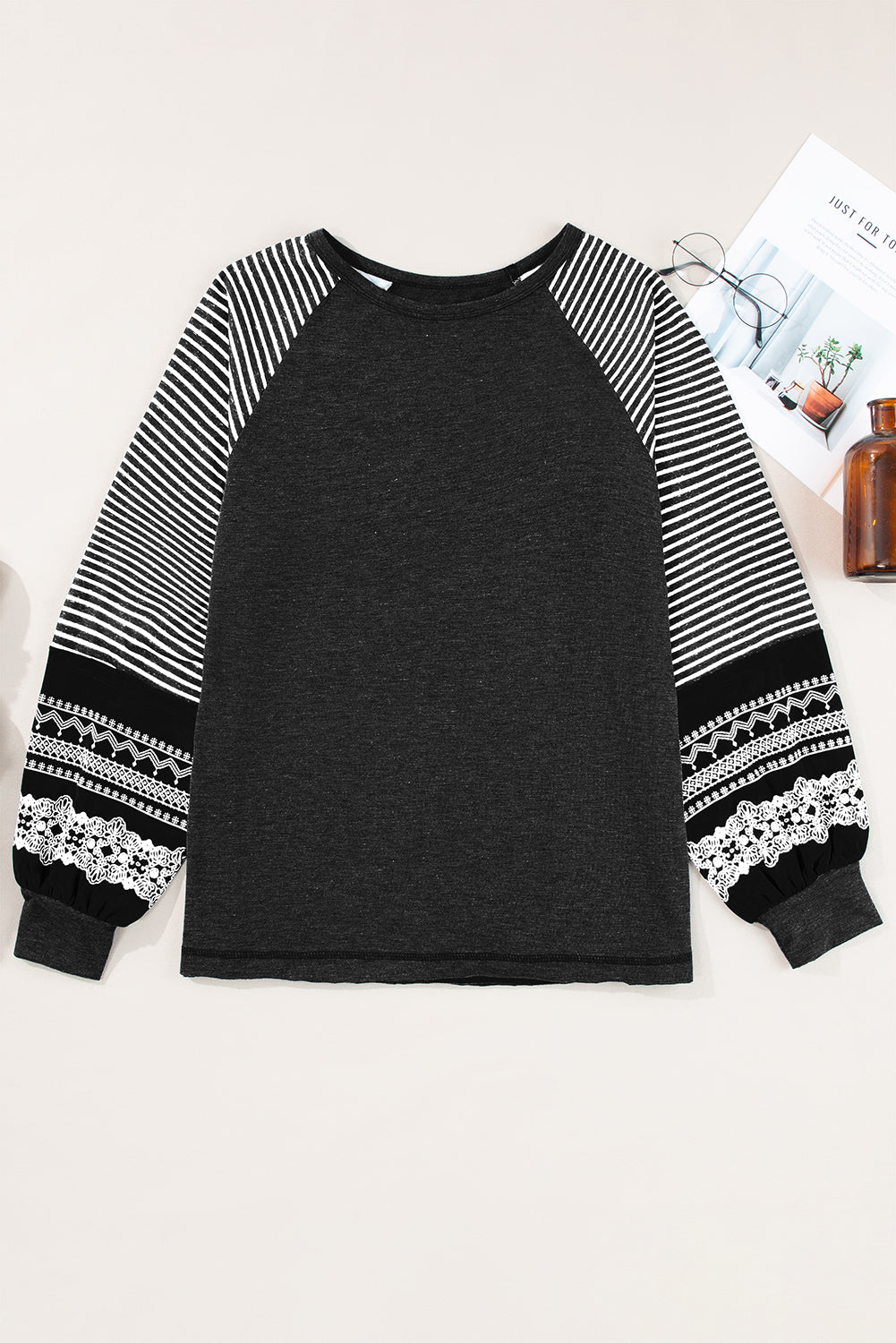 Medium Grey Contrast Print Striped Raglan Long Sleeve Loose Top