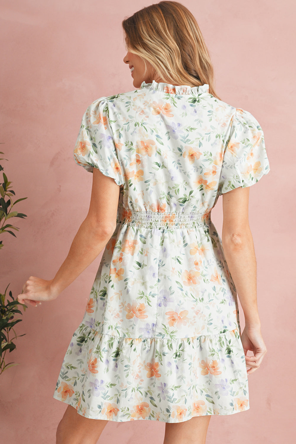 Beige Floral Print Smocked High Waist Puff Sleeve Mini Dress