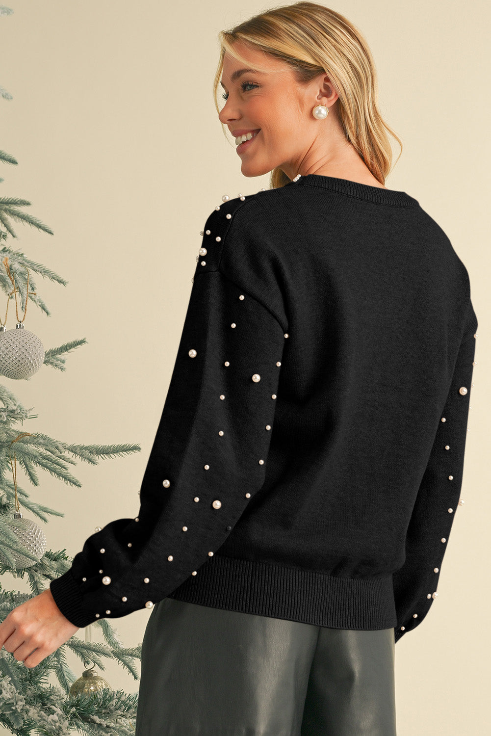 Black Pearl Drop Shoulder Round Neck Sweater