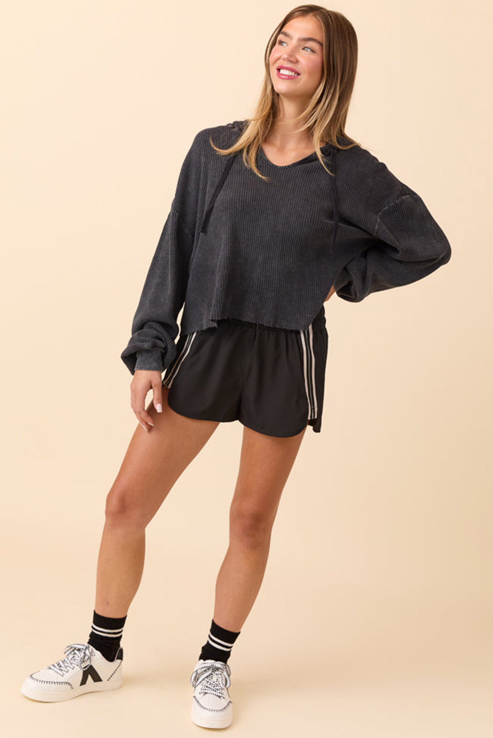 Black Elastic Waist Varsity Striped Detail Athleisure Shorts