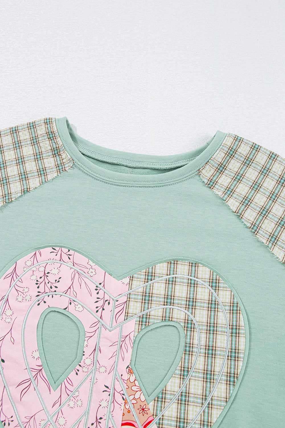 Beige Plaid Floral Patchwork Heart Long Sleeve Top