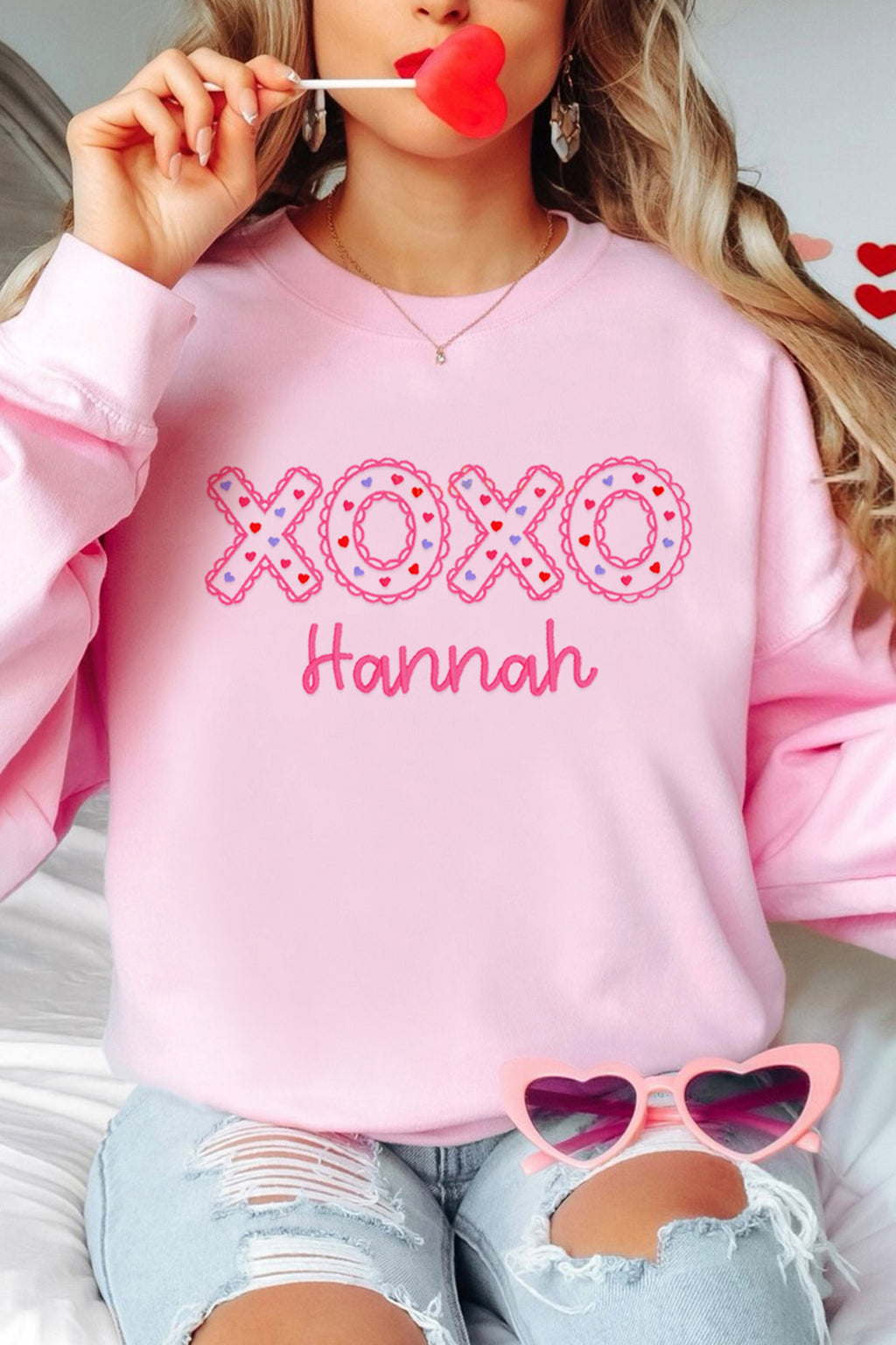 Pink Playful XOXO Letter Embroidered Hannah Pullover Sweatshirt