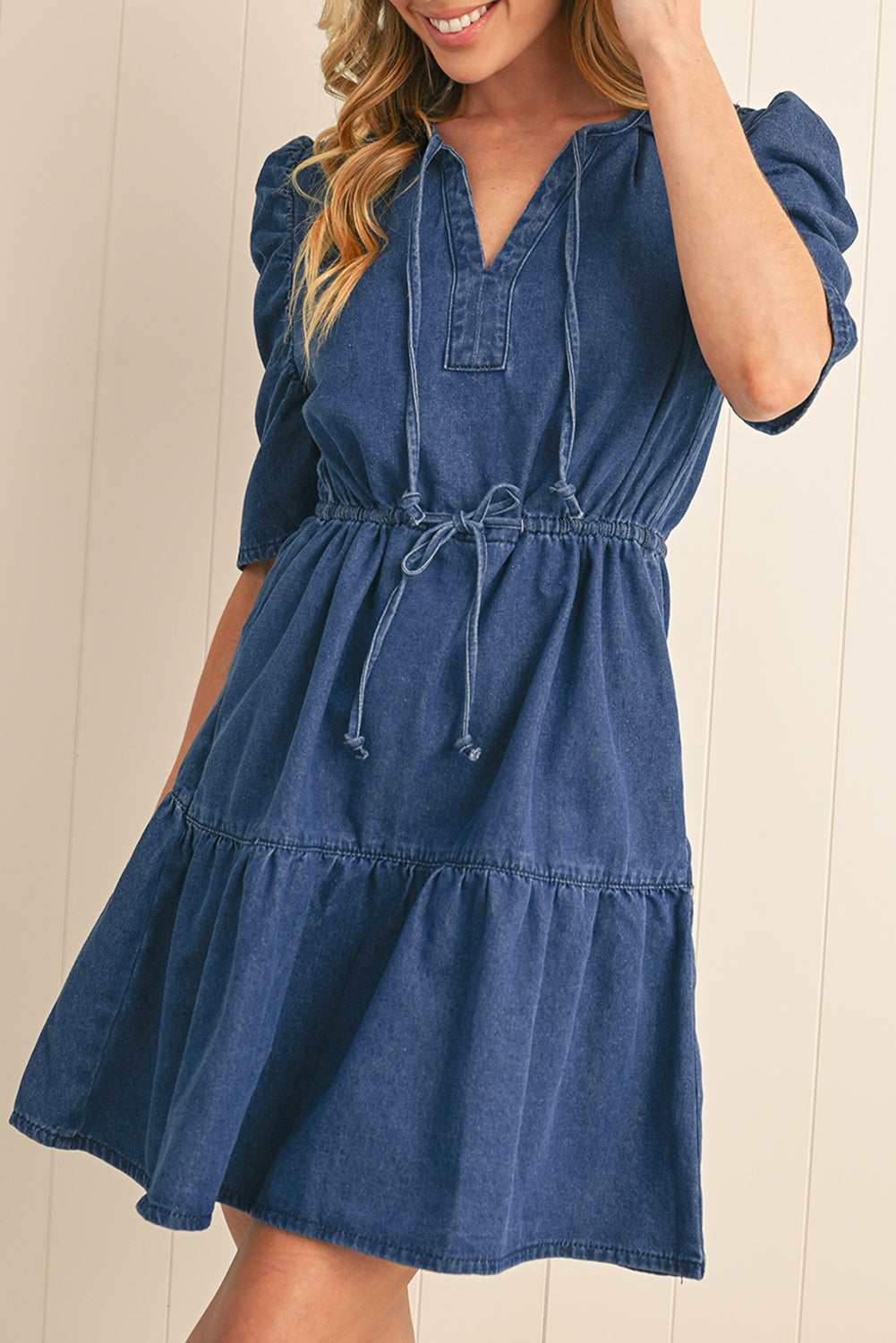 Blue Drawstring High Waist Puff Sleeve Denim Mini Dress