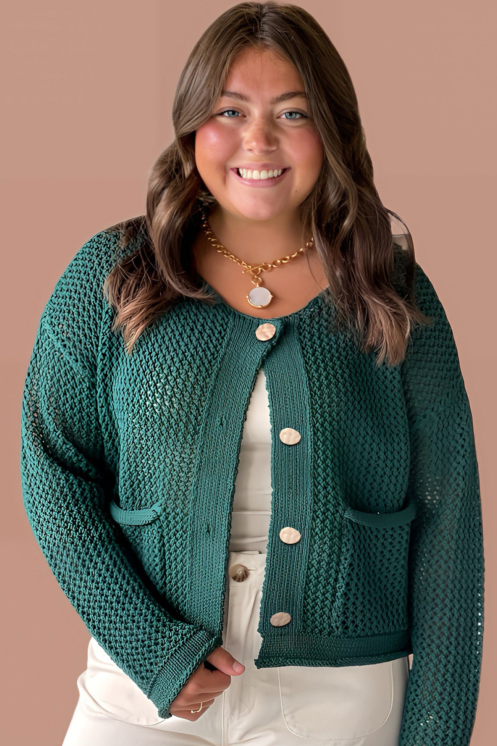 Blackish Green Plus Size Golden Accent Buttons Short Sweater Cardigan
