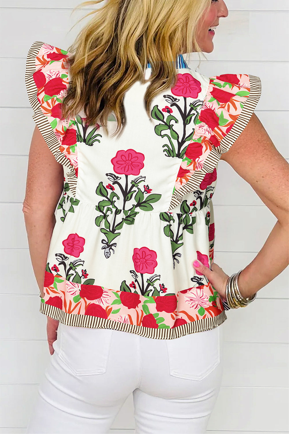 Pink Floral Print Striped Patchwork Flutter Sleeve Blouse