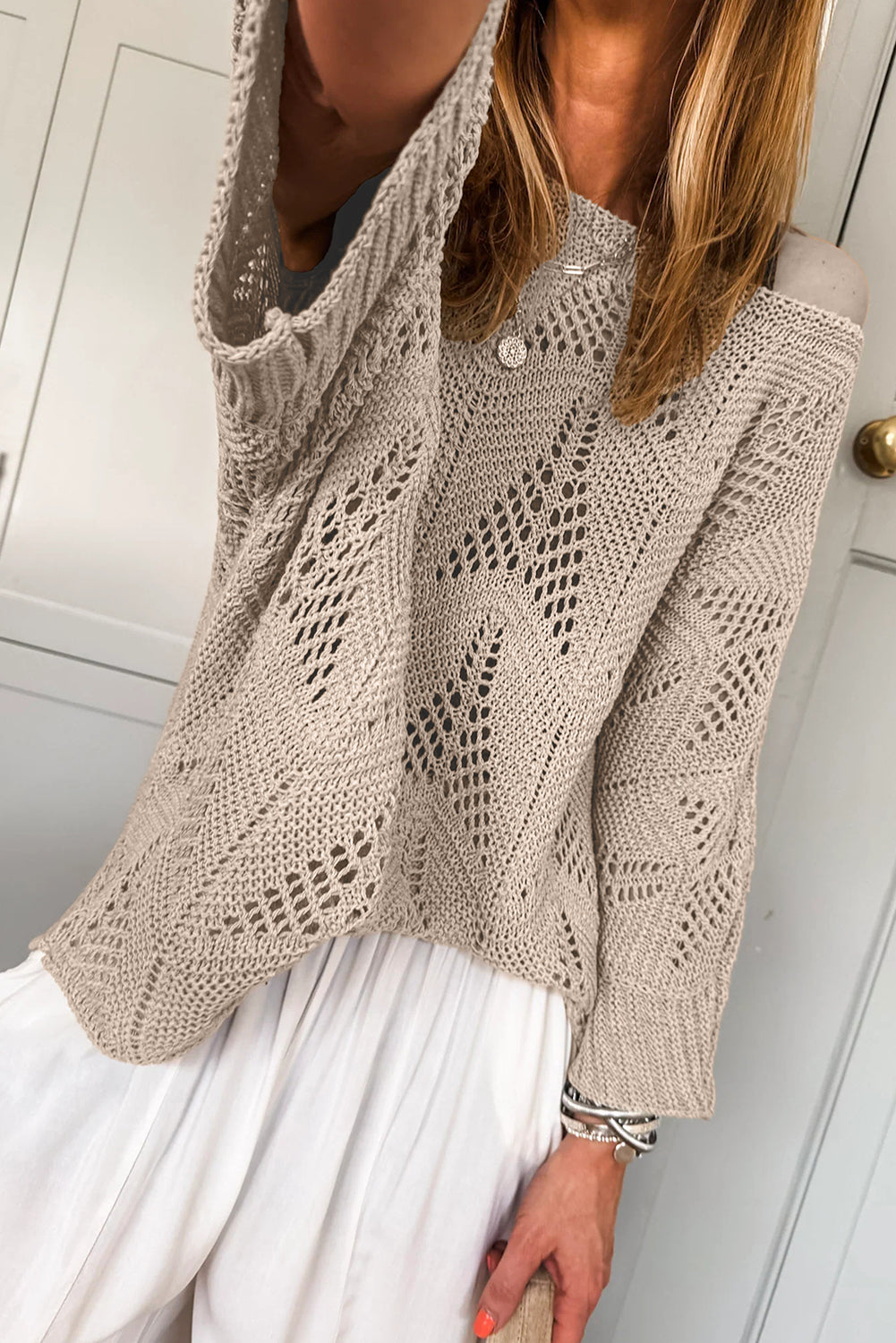Seagrass Hollow Out Knit 3/4 Sleeve Loose Sweater