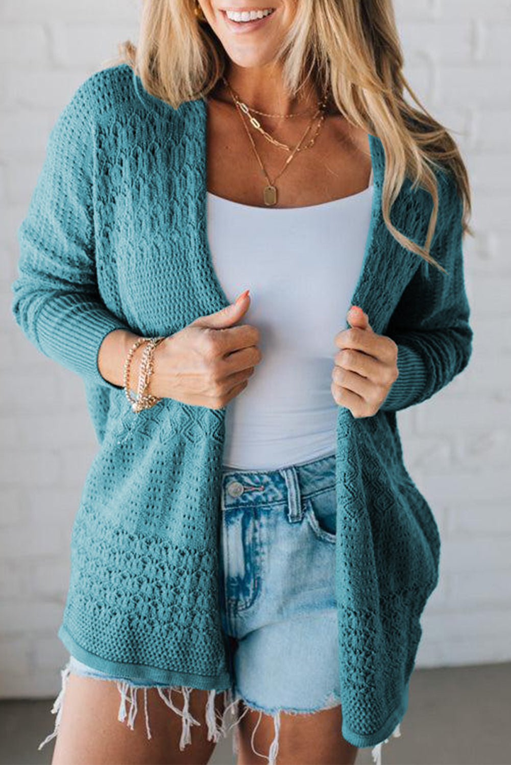 Lapis Mix Pattern Hollow Knit Open Front Cardigan
