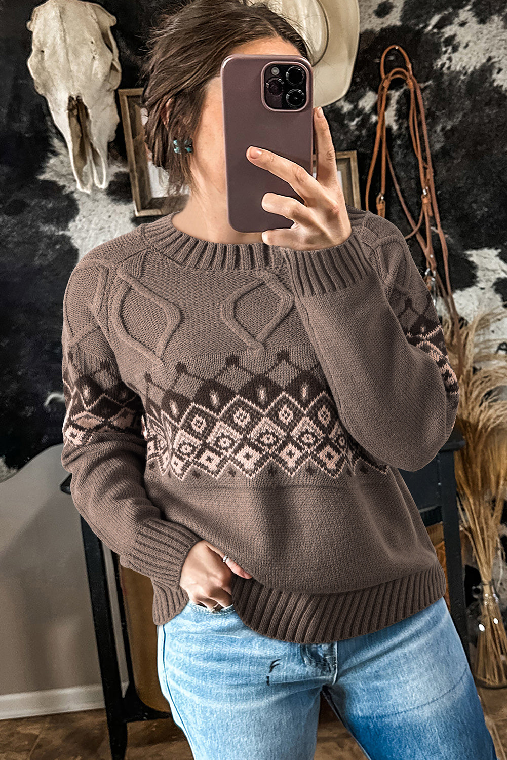 Light French Beige Geometric Pattern Crew Neck Knitted Sweater