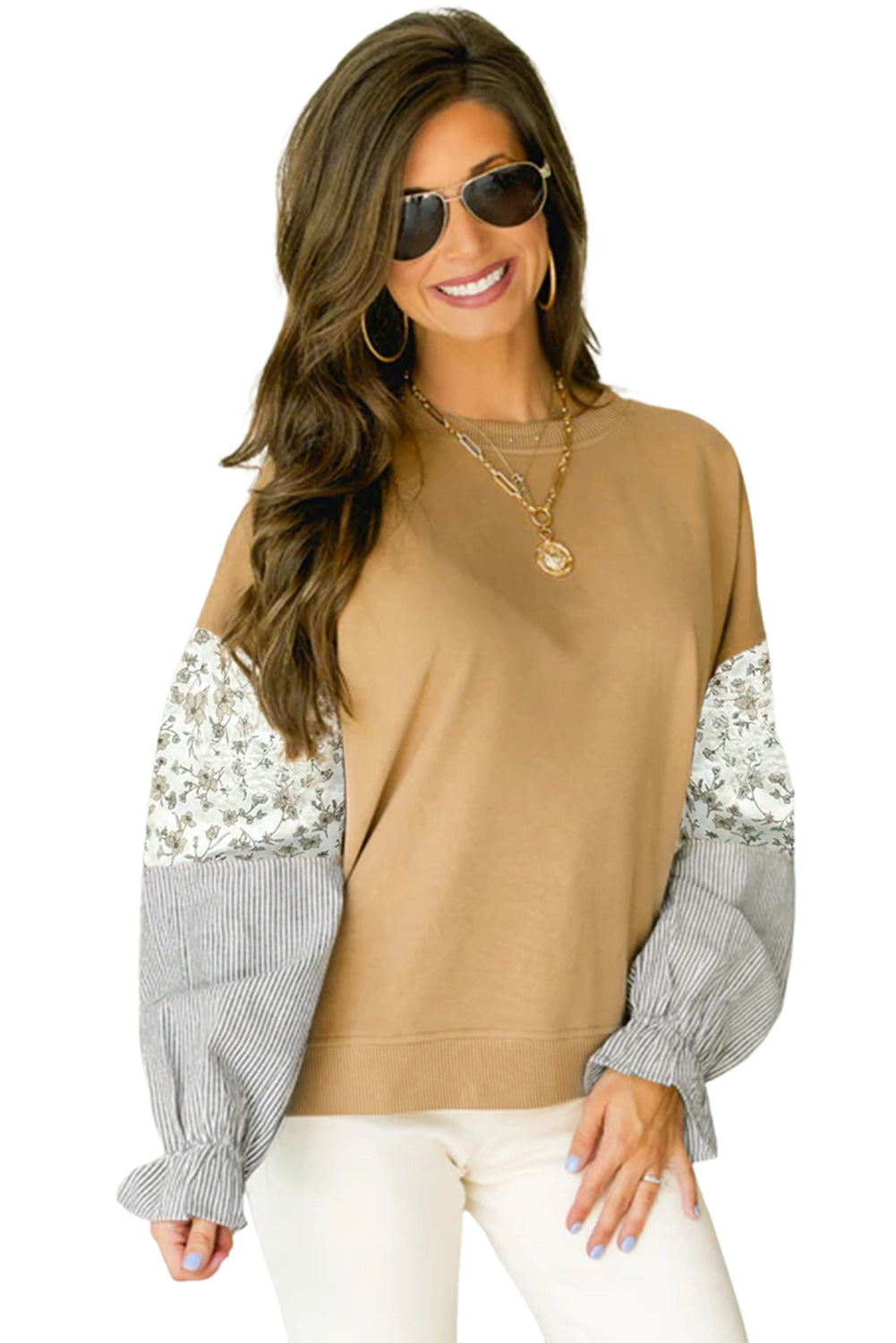 Camel Floral Striped Patchwork Ruffled Sleeve Crew Neck Sweatshirt