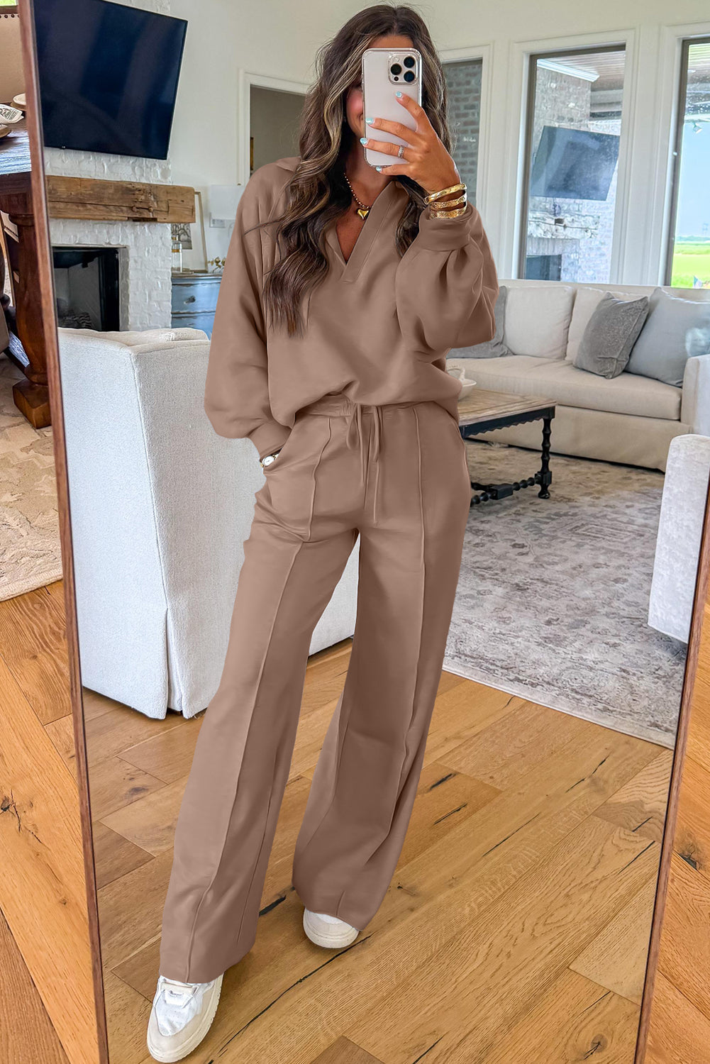 Bright Pink Polo Collar V Neck Pullover and Drawstring Sweatpants Set