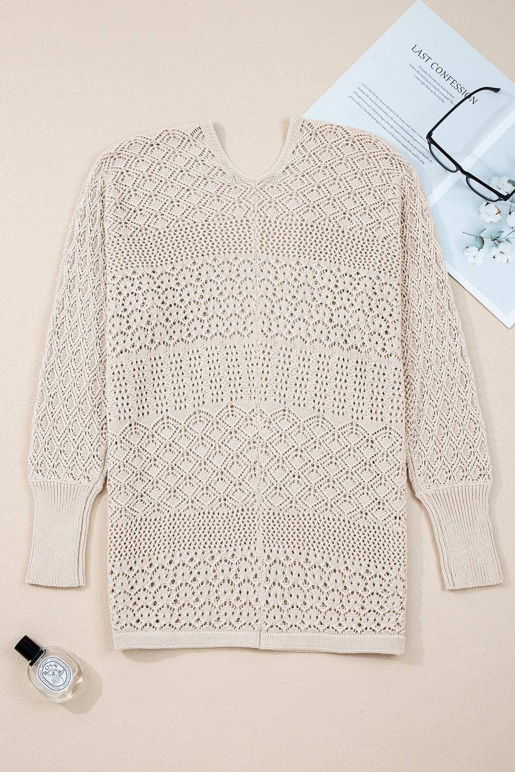 Cárdigan de punto calado con frente abierto y estampado mixto de lapislázuli