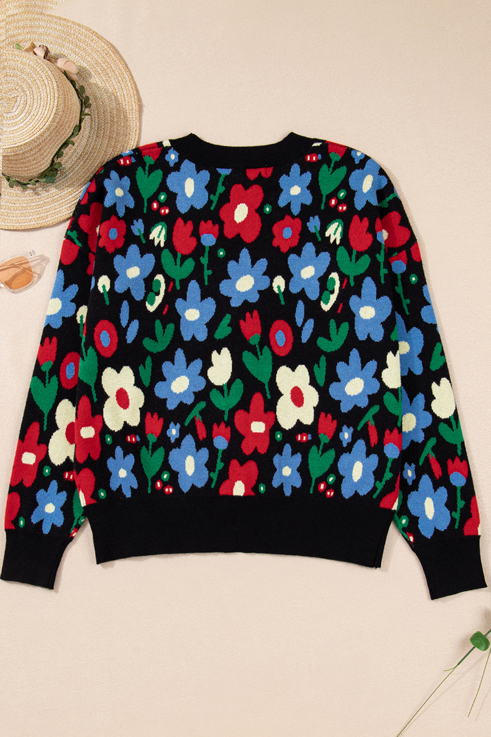 Black Vibrant Floral V Neck Knit Cardigan