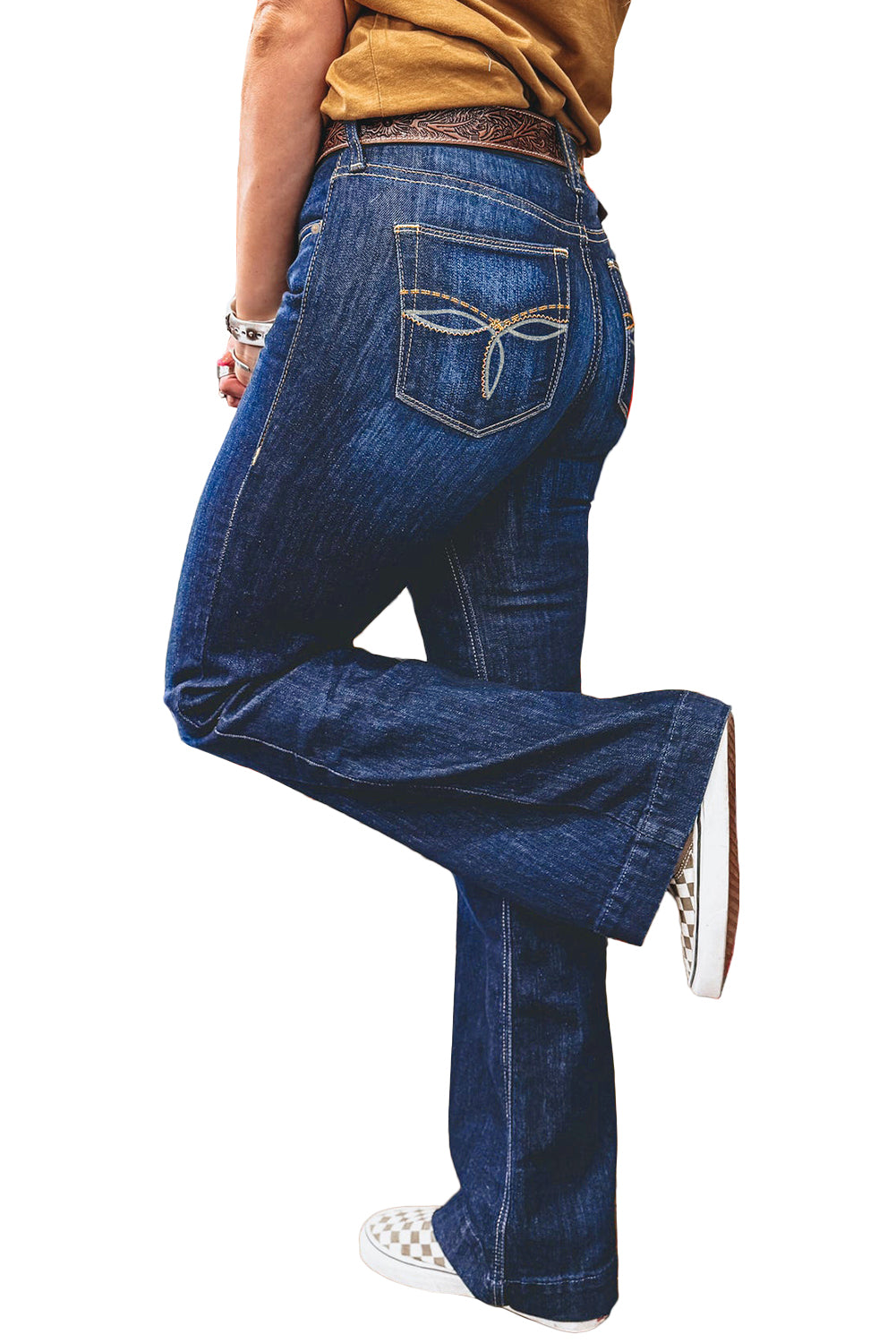 Jean bootcut à poches plaquées et surpiqûres bleu voile