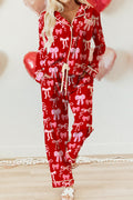 Red Sweet Bow Print Shirt Style Top Long 2pcs Pajama Set