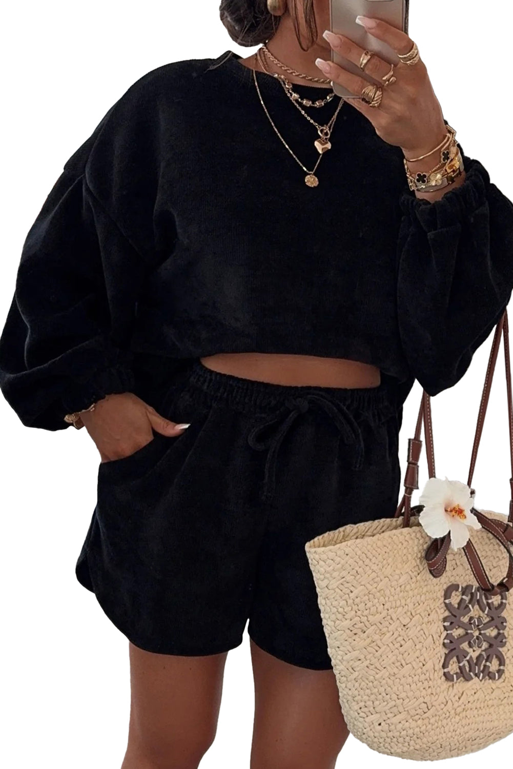 Fushia Textured Knit Drop Shoulder Pullover Drawstring Shorts Set