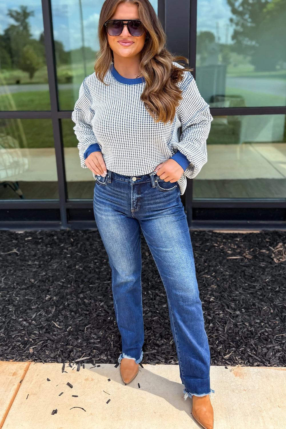 Dark Blue Waffle Knit Exposed Stitching Casual Top