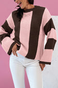 Fushia Striped Color Block Thermal Textured Knit Drop Shoulder Sweater