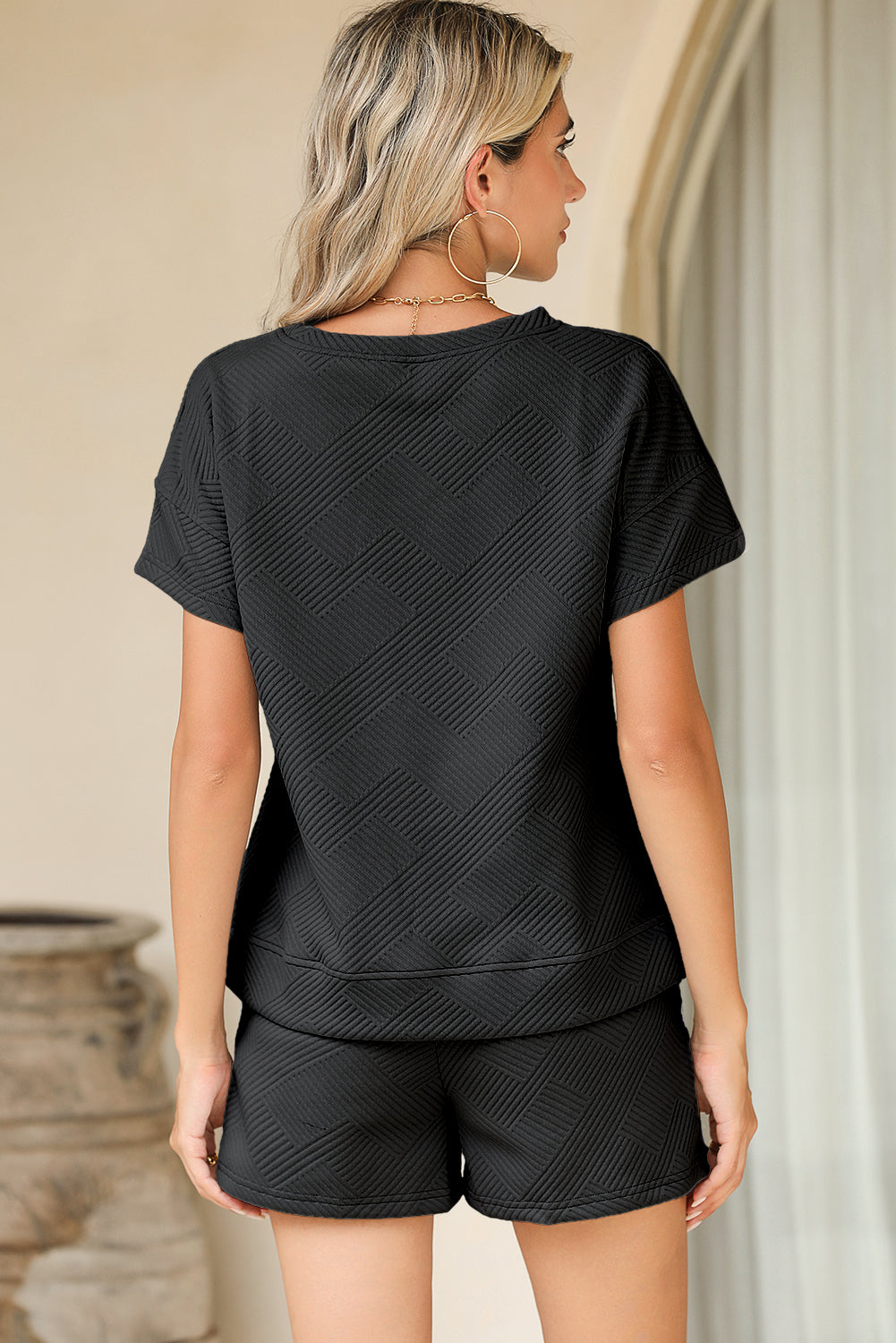 Ensemble short texturé uni rose fraise 2 pièces avec cordon de serrage