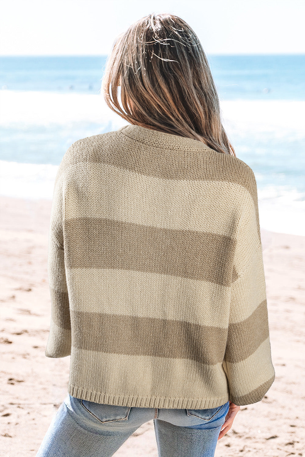 Khaki Striped Colorblock Bow Tie Front Knit Cardigan