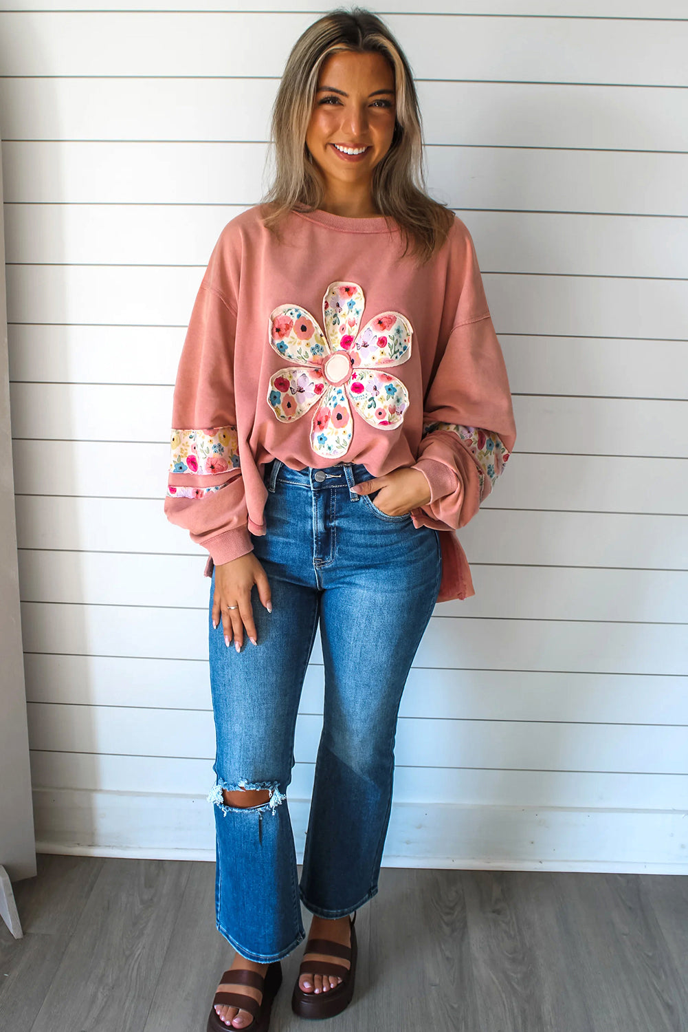 Peach Blossom Flower Applique Patchwork Drop Sleeve Pullover Sweatshirt