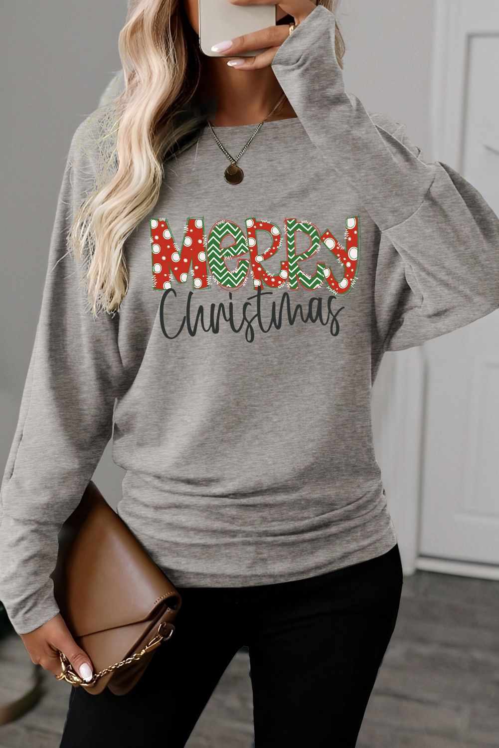 Light Grey Merry Christmas Graphic Extended Cuffs Dolman Long Sleeve Top