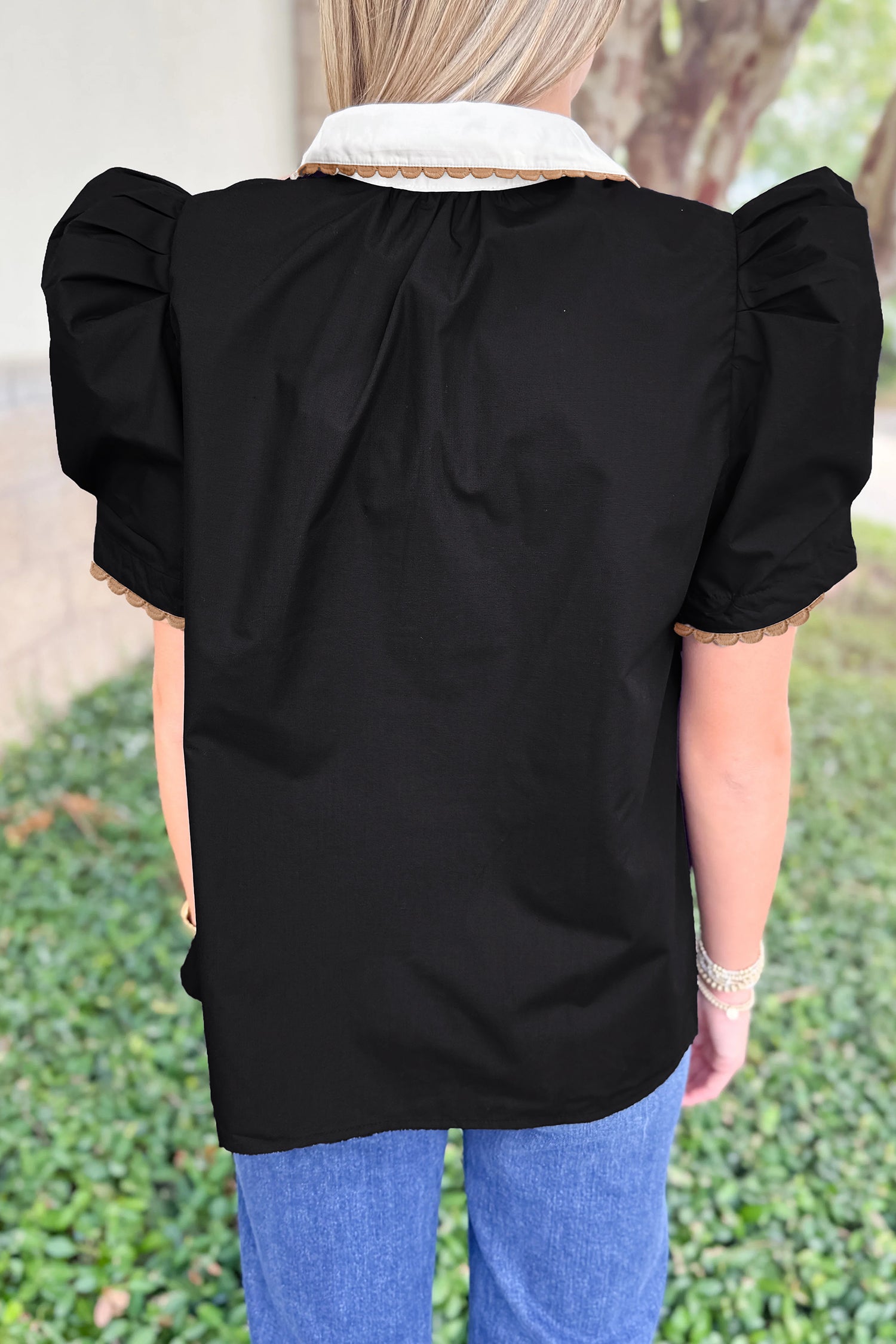 Black Ricrac Trim Color Block Patchwork Shirt Collar Short Sleeve Blouse