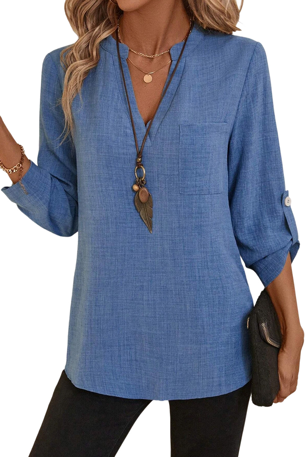 Ashleigh Blue Chest Pocket V Neck Plain Roll-up Sleeve Blouse