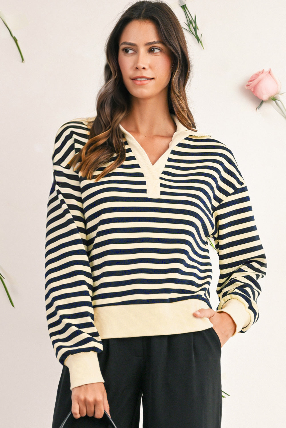 Blue Striped Long Sleeve V Neck Top