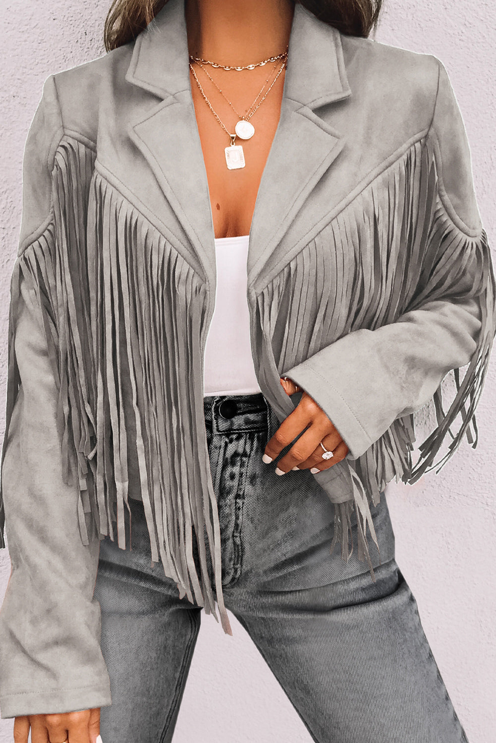 Green Cropped Fringe Faux Suede Jacket