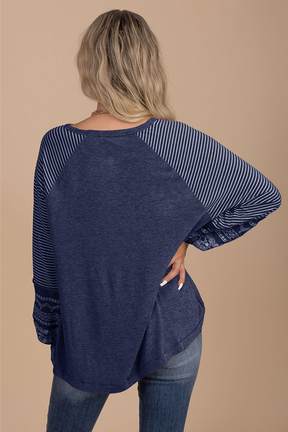 Medium Grey Contrast Print Striped Raglan Long Sleeve Loose Top