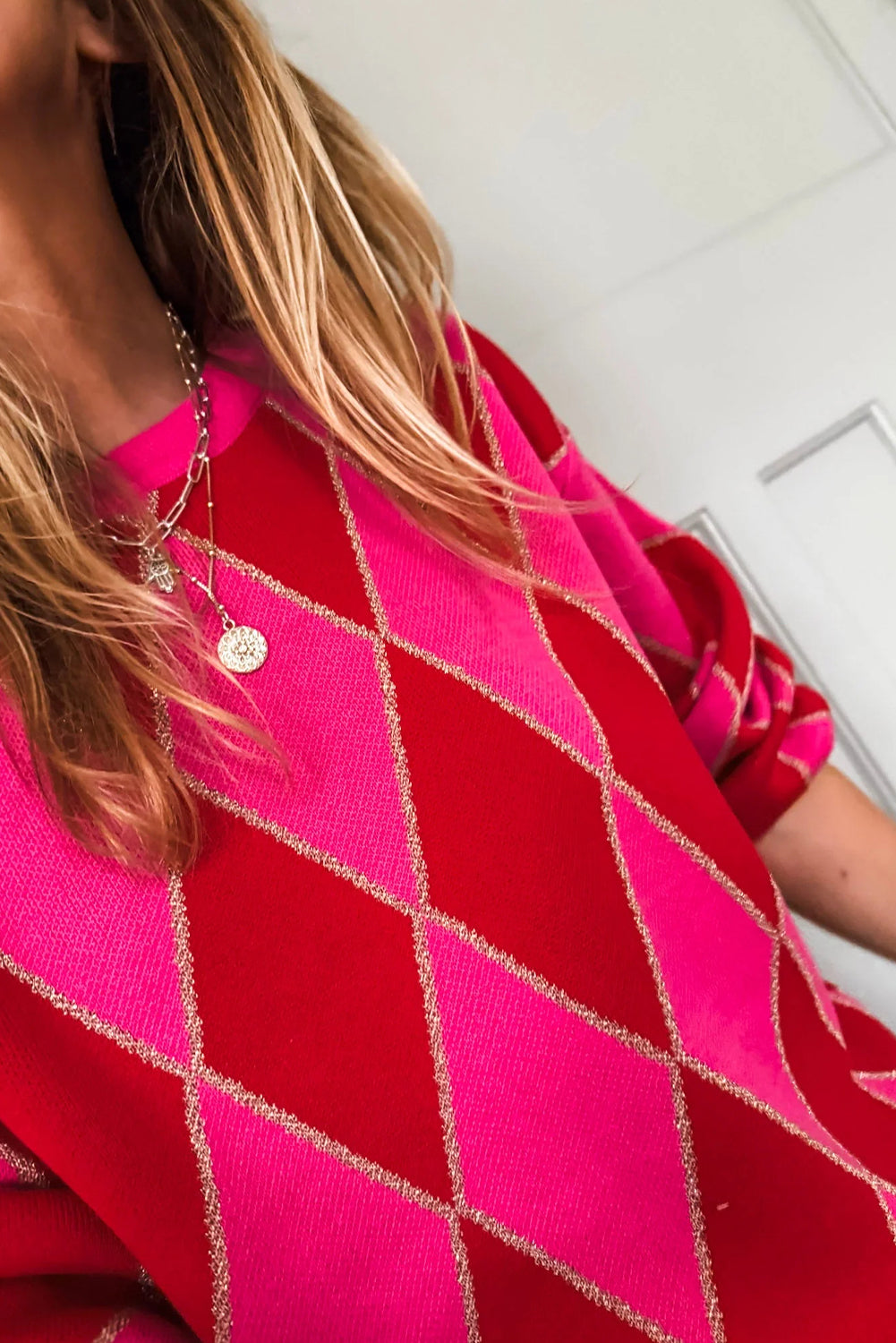 Suéter informal de punto para mujer con estampado de rombos y purpurina roja rosa