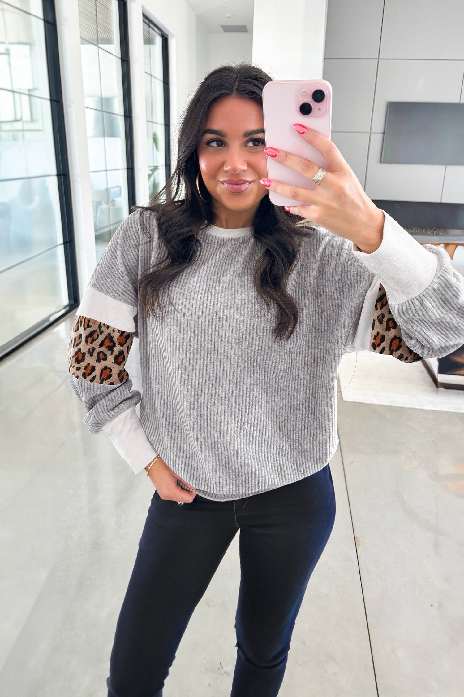 Gray Leopard Print Colorblock Patchwork Ribbed Knit Top