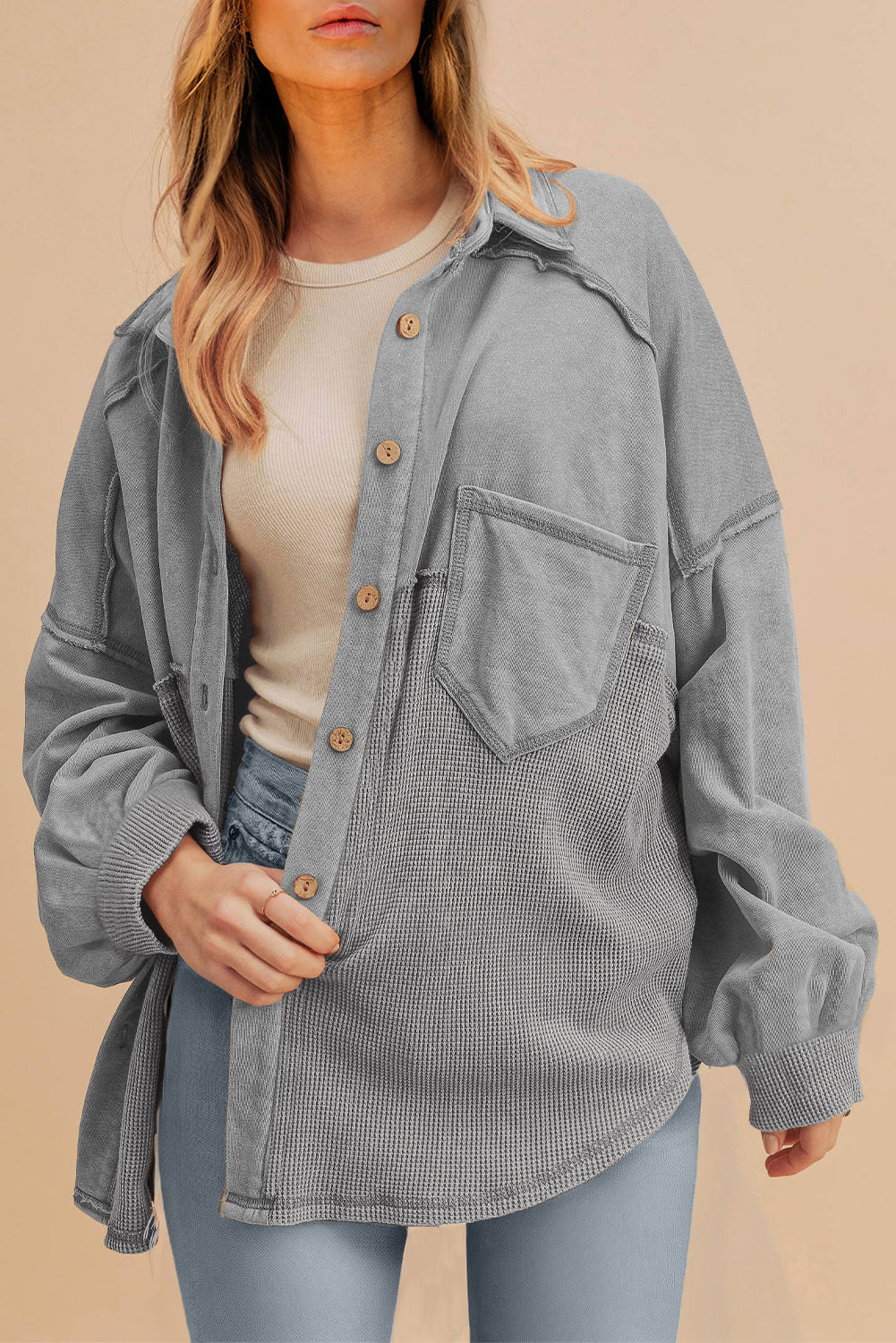 Medium Grey Waffle Knit Patchwork Exposed Seam Loose Shacket