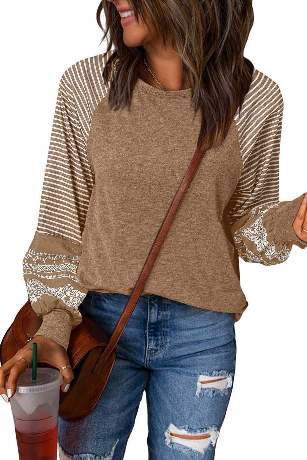 Medium Grey Contrast Print Striped Raglan Long Sleeve Loose Top