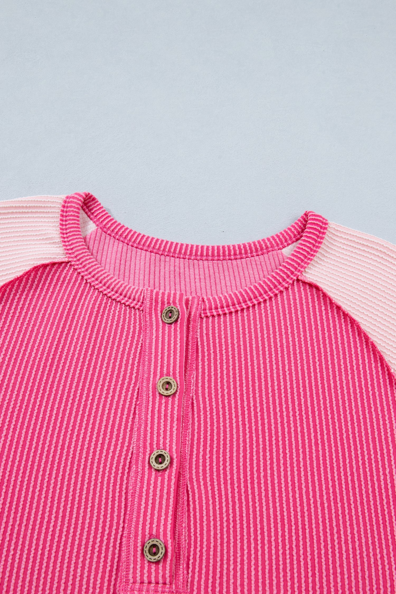 Bright Pink Plus Size Twisted Rib Color Block Patchwork Short Sleeve Henley Top