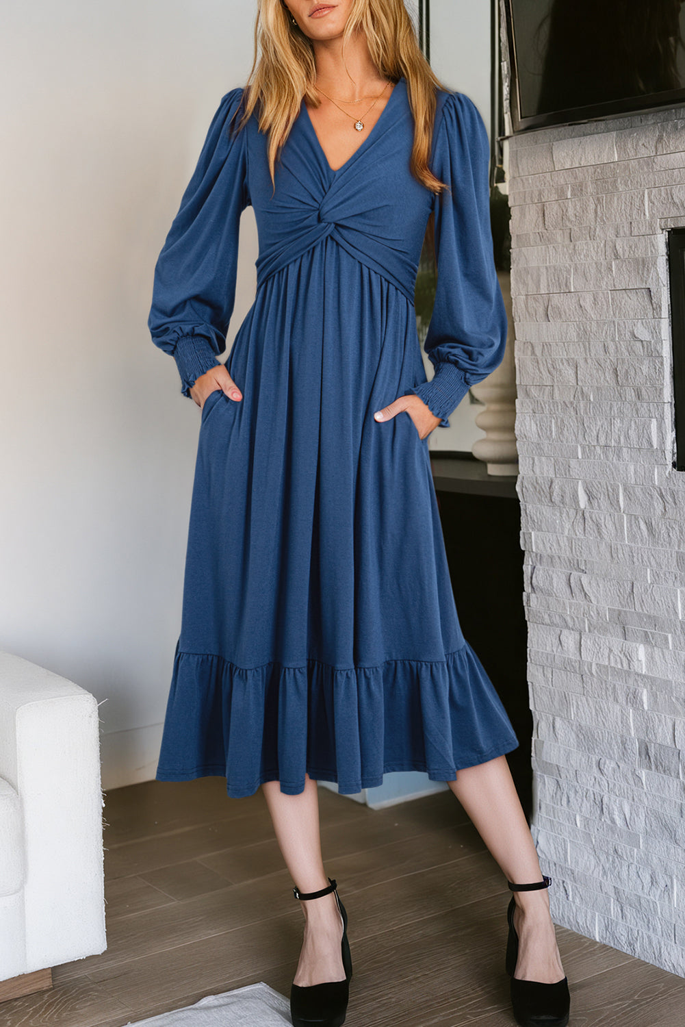 Sail Blue Solid Color Front Twist Puff Sleeve Ruffled Dress